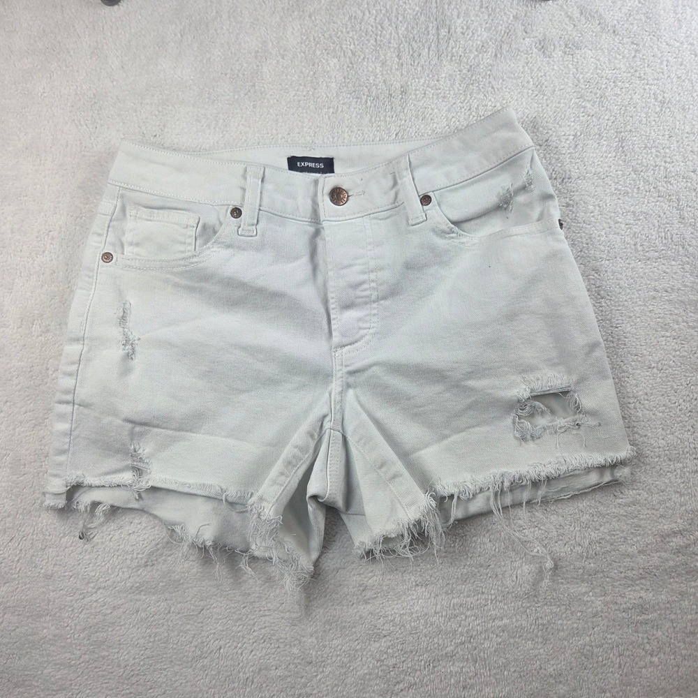 Express Mid Rise Boyfriend Midi Distressed Denim Shorts White Size 4
